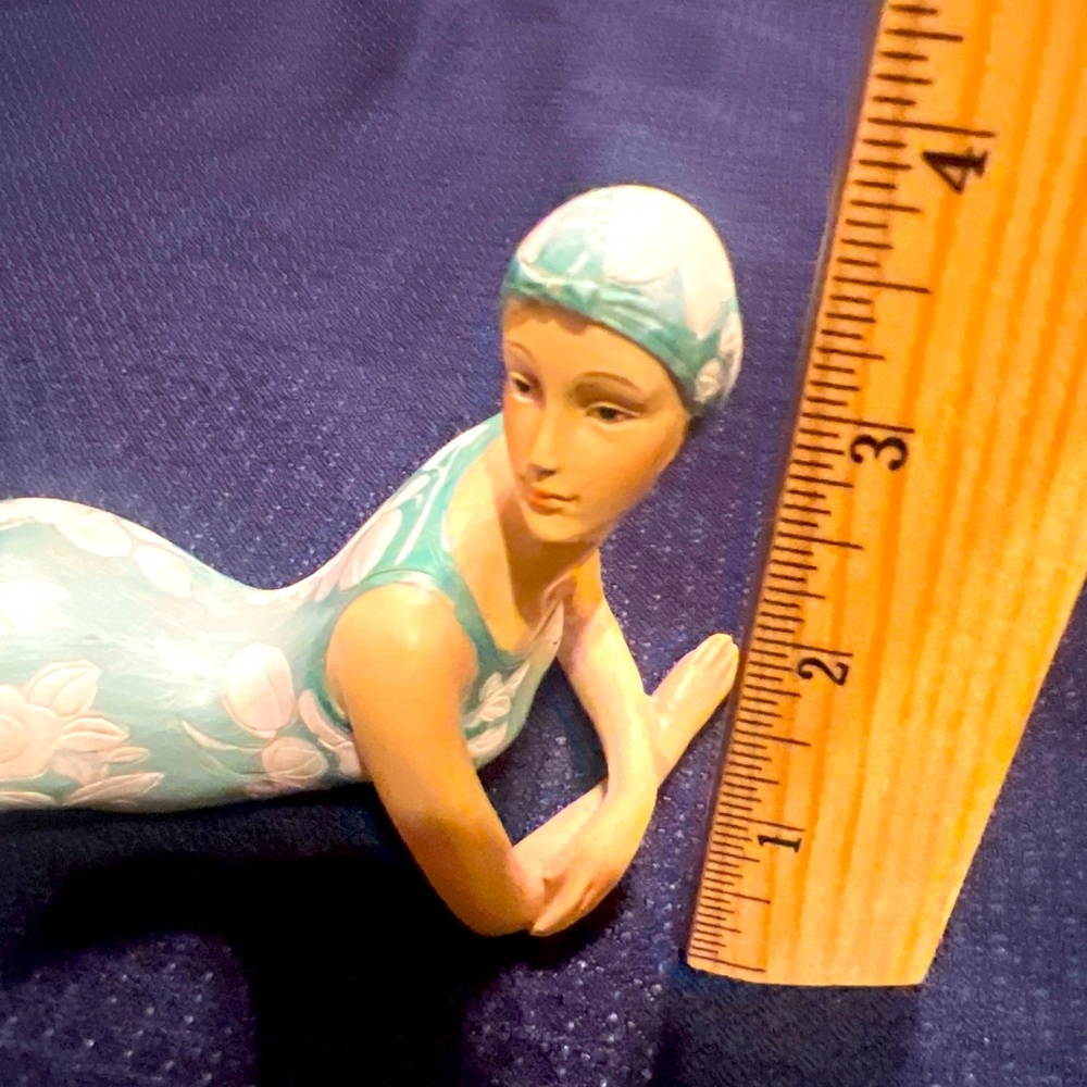 1920’s retro flapper aqua swimsuit shelf sitter. Vintage Figurine Bathing Beauty